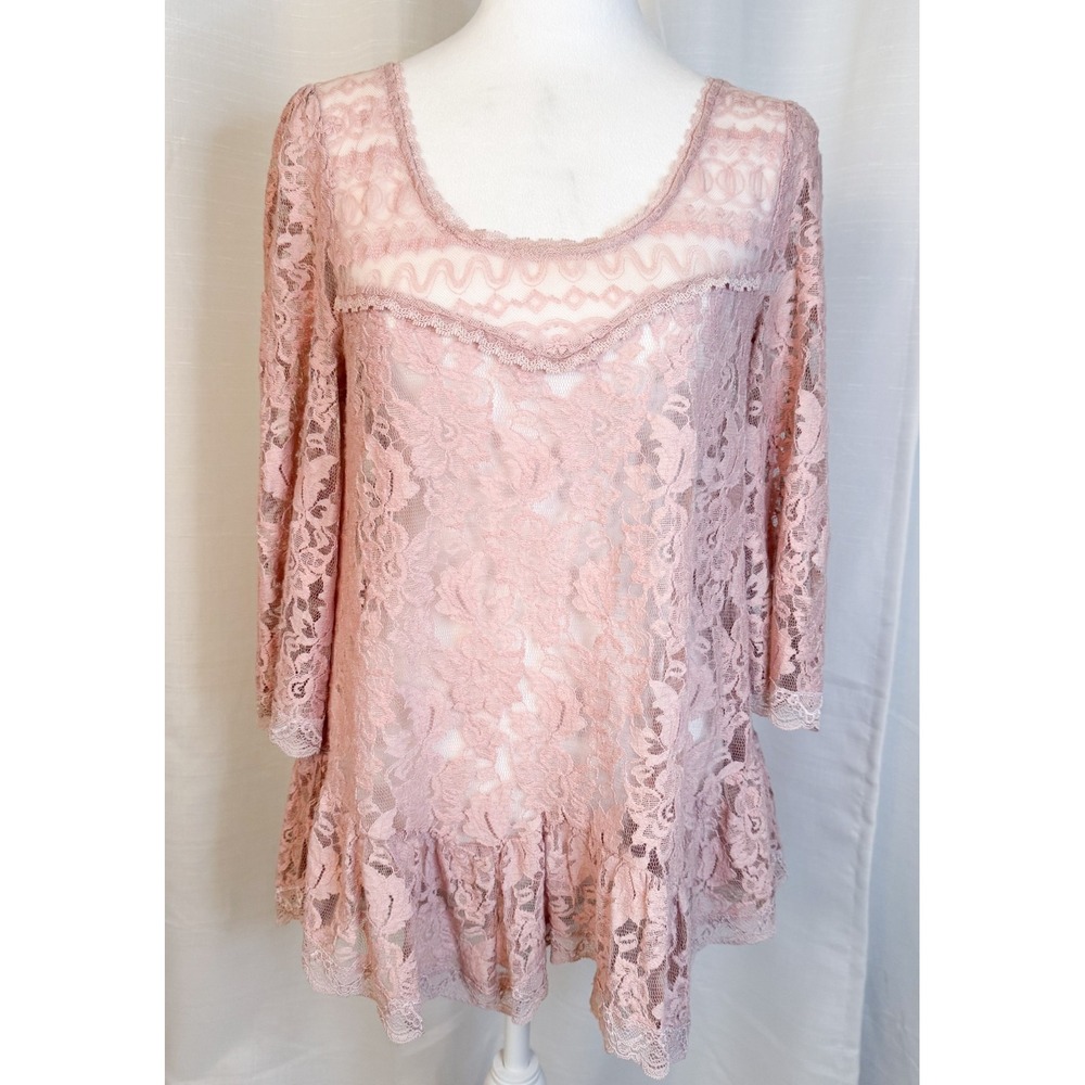 Free People Lily Bell Sleeve Blouse Top Women's Small Pink Scallop Lace Ruffle